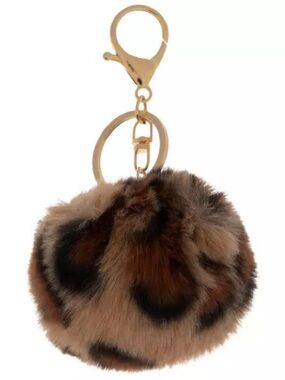 New Poofy Leopard Print Faux Fur Pom Pom Keychain with Gold Hardware Bag Charm